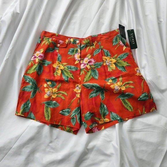 Lauren‎ Ralph Lauren Orange Floral Linen Shorts - Picture 1 of 4